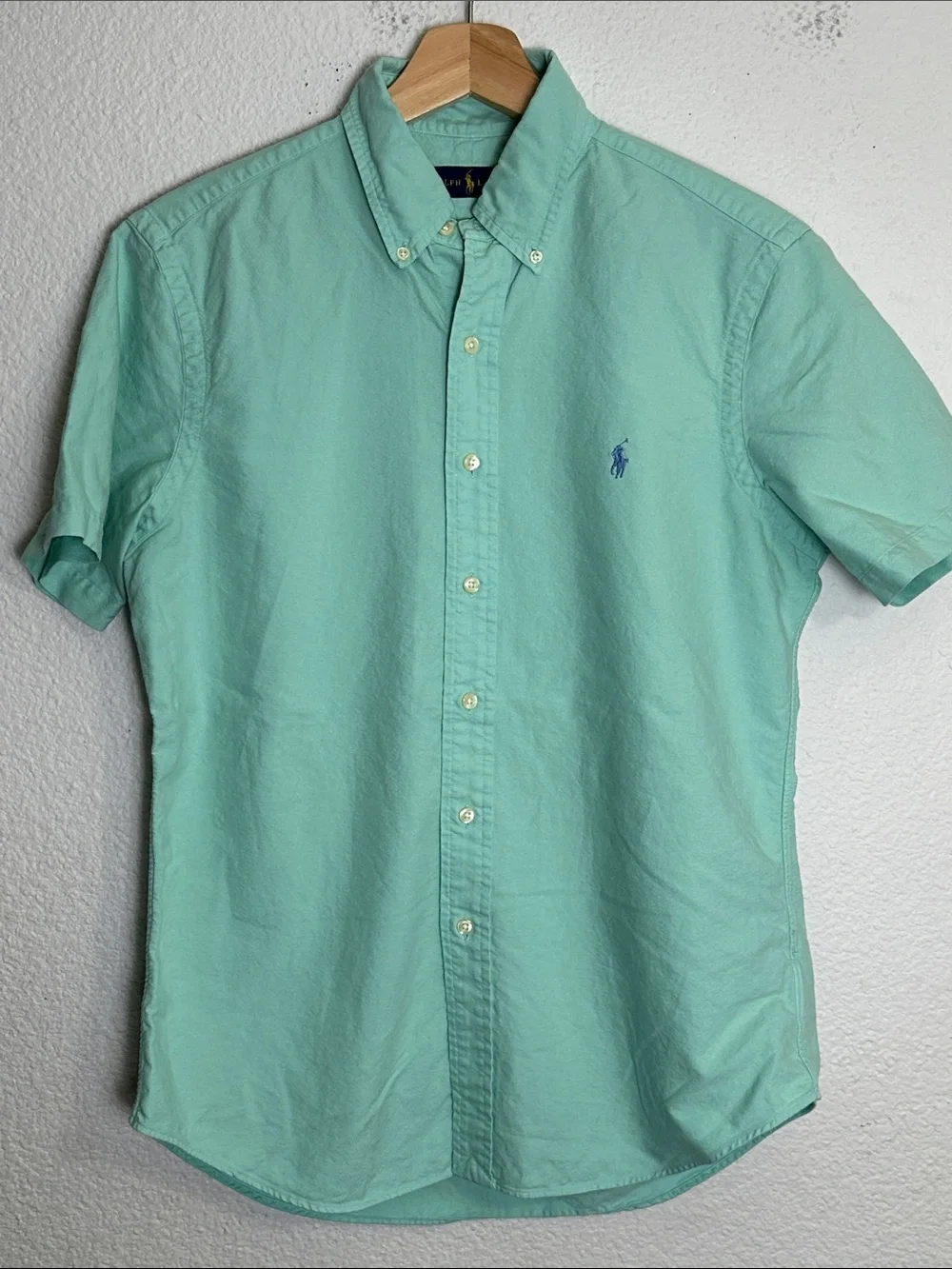 Ralph Lauren Button Down Short Sleeve Shirt Mint Green Slim Fit Cotton Small - Picture 2 of 9